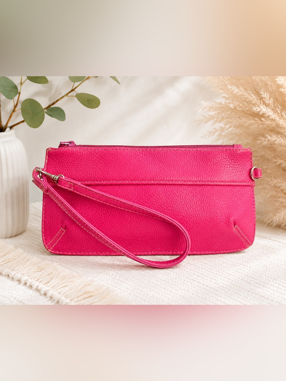 Hot Pink Leather Wristlet Clutch - Women’s Stylish Evening Bag- #1052